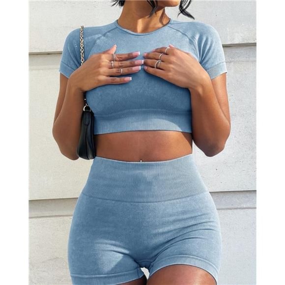 Women Workout Sets - Seamless Yoga Outfits Shorts & Crop Top Matching Gym Set - Picture 4 of 7